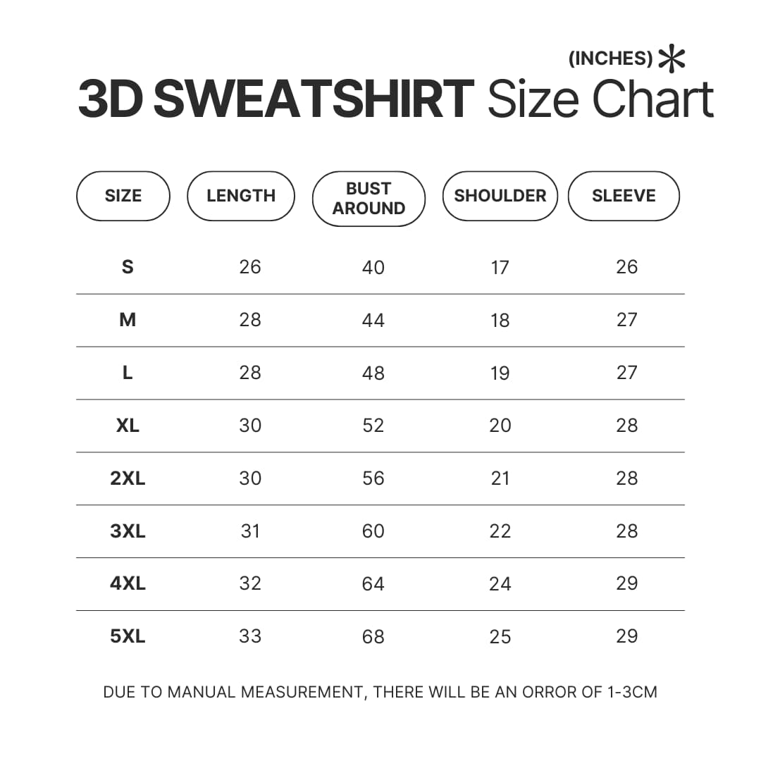 3D Sweatshirt Size Chart - Vegeta Merch