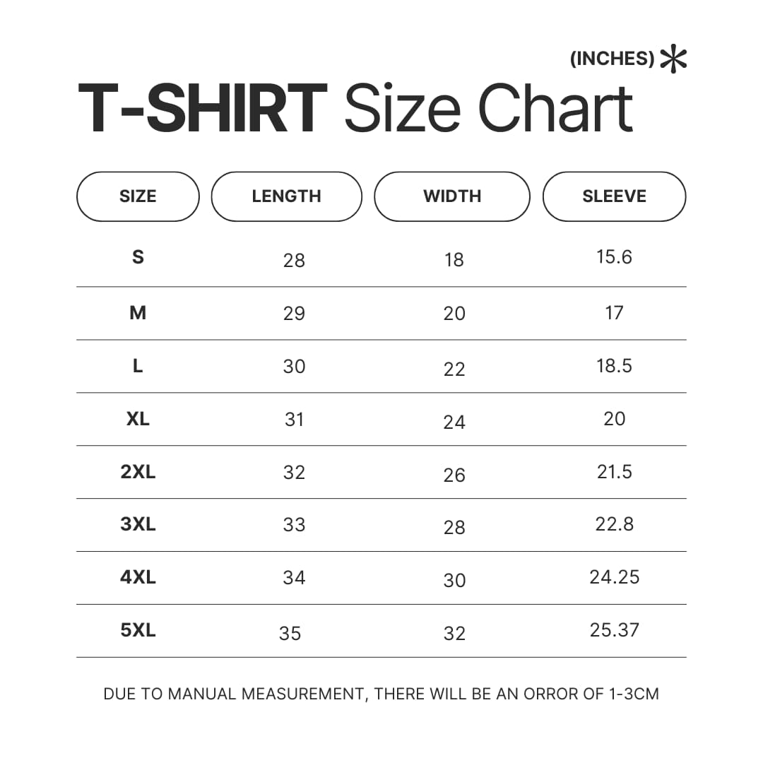 T shirt Size Chart - Vegeta Merch